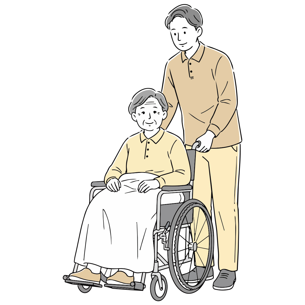 車椅子の高齢者に付き添う介護スタッフ